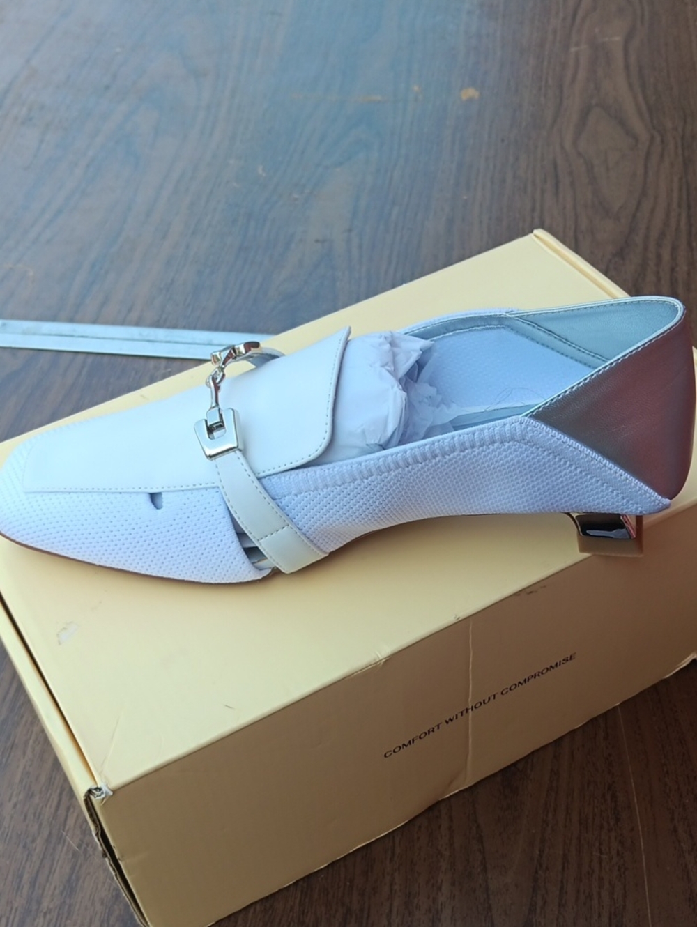 Women's White Slip-On Loafer with Metallic Heel Accent